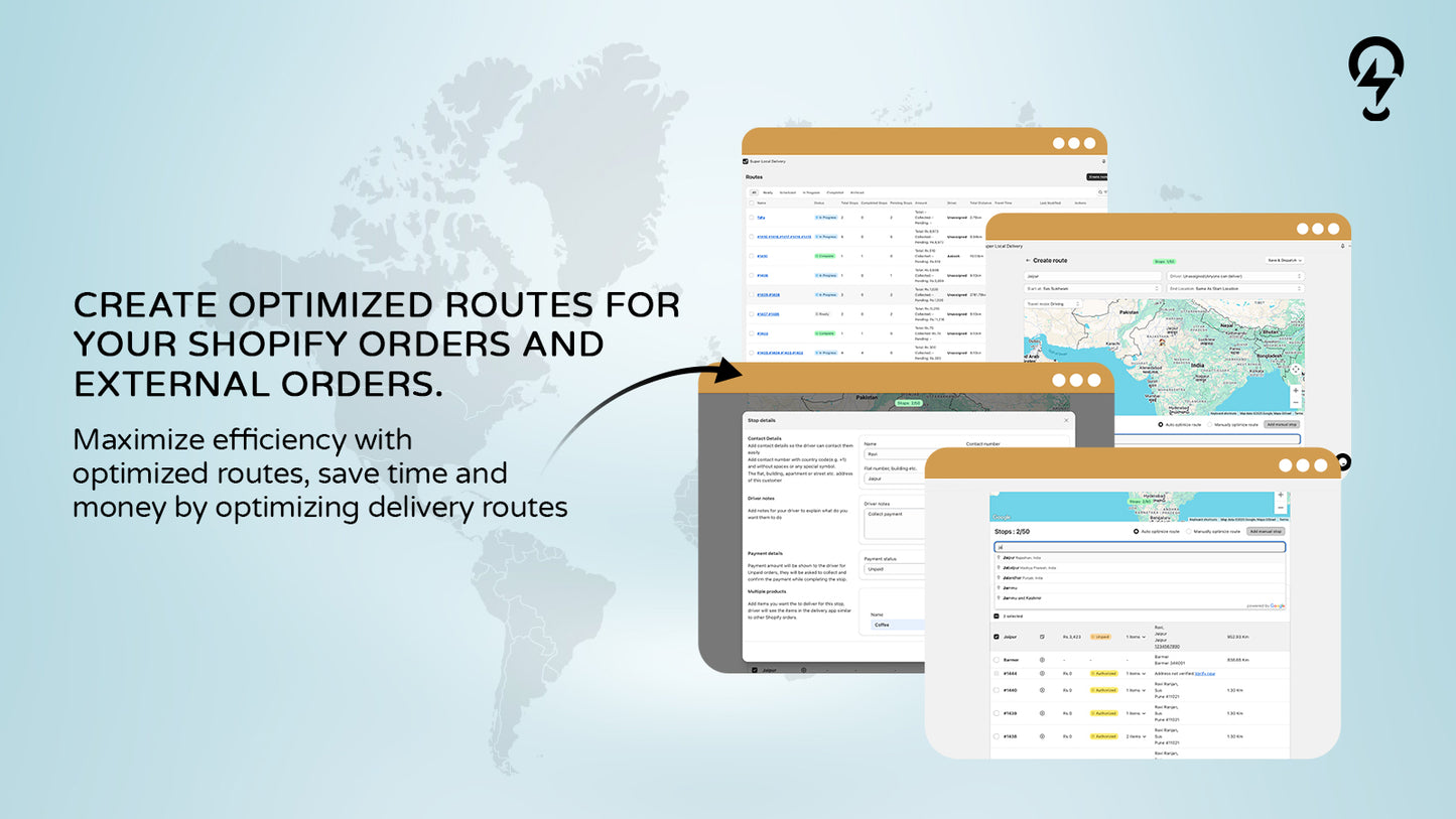 Optimized delivery routes for Shopify and external orders with map-based interface and stop details.
