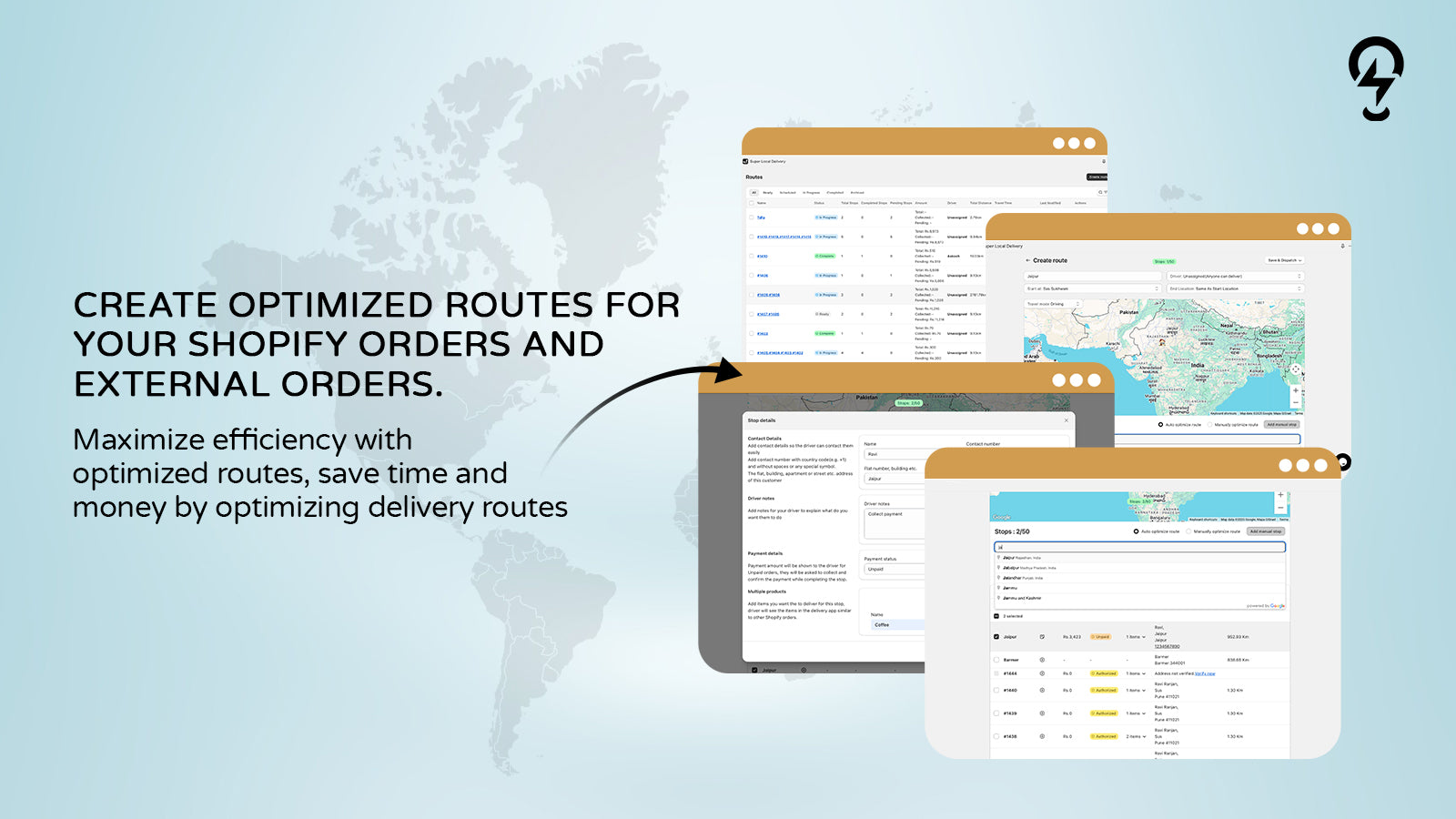 Optimized delivery routes for Shopify and external orders with map-based interface and stop details.