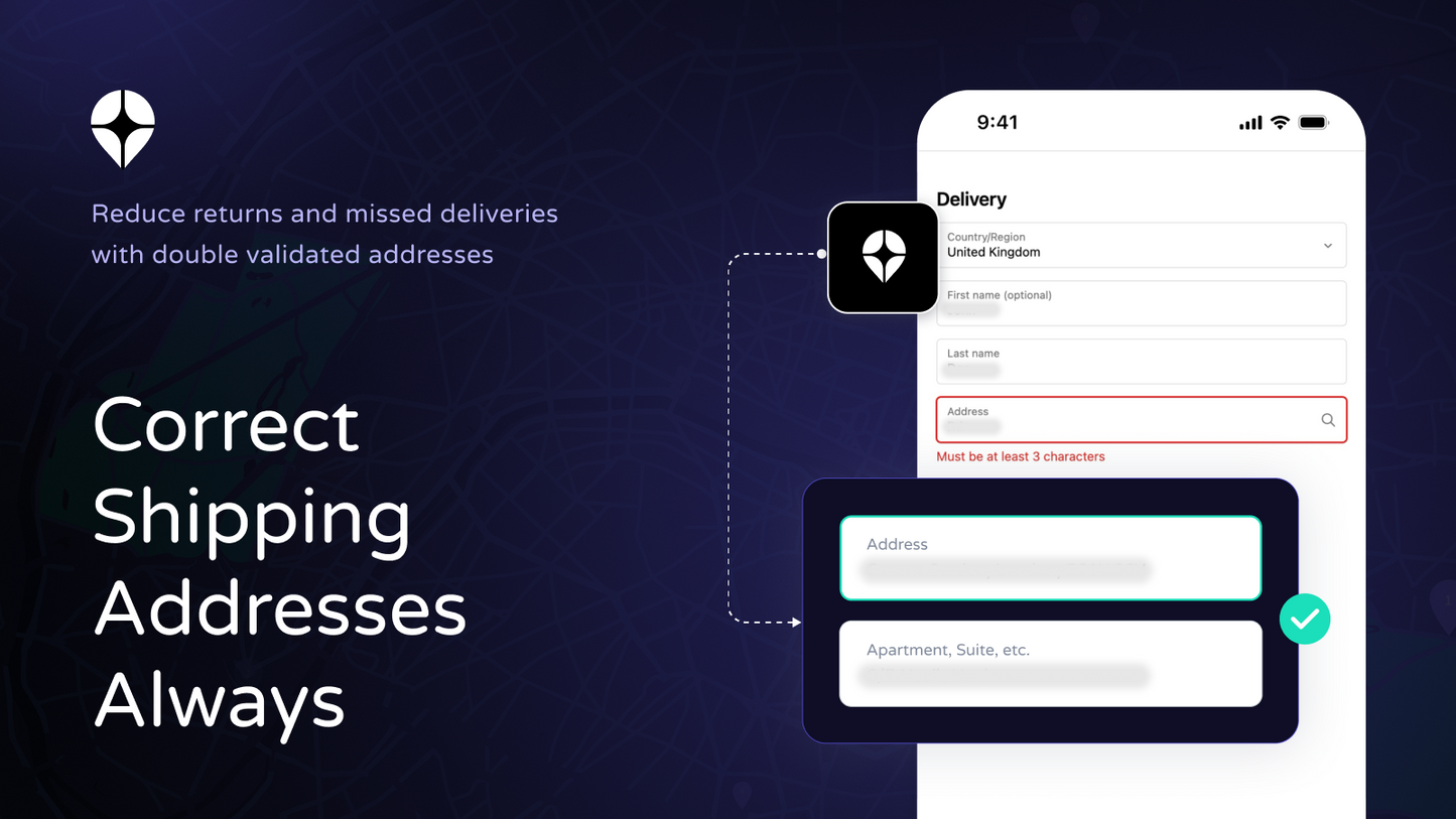 Double address validation system ensuring correct shipping addresses and reduced delivery errors in Shopify checkout.