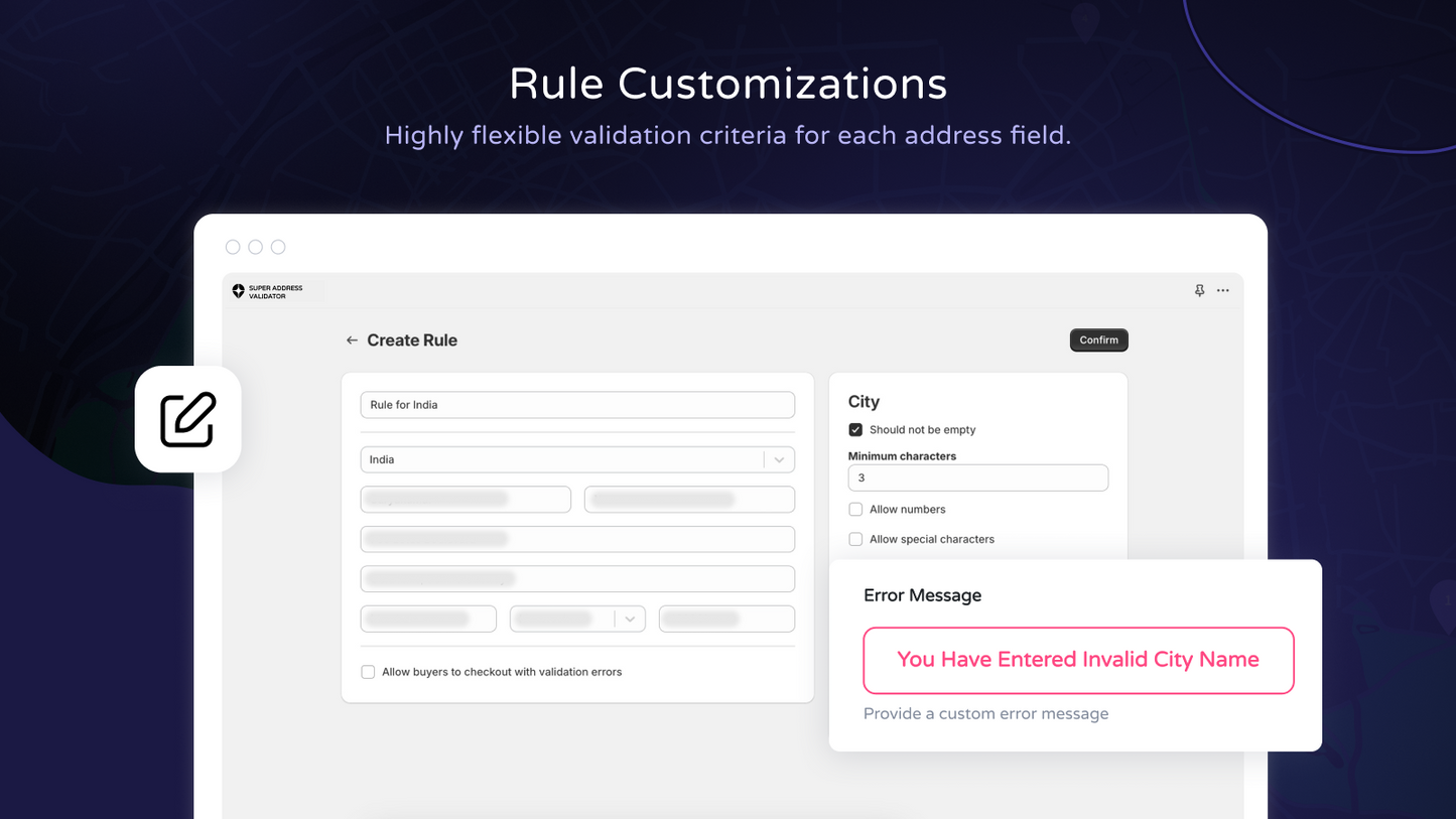 Custom rule creation interface with flexible validation options for each address field in the address form.