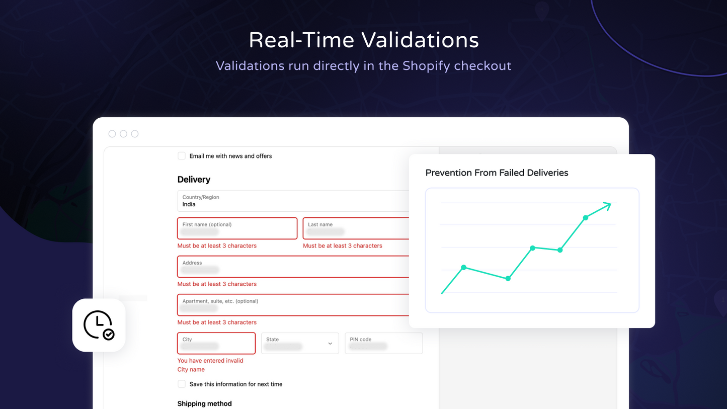 Real-time address validation at Shopify checkout to prevent failed deliveries and reduce shipping errors.