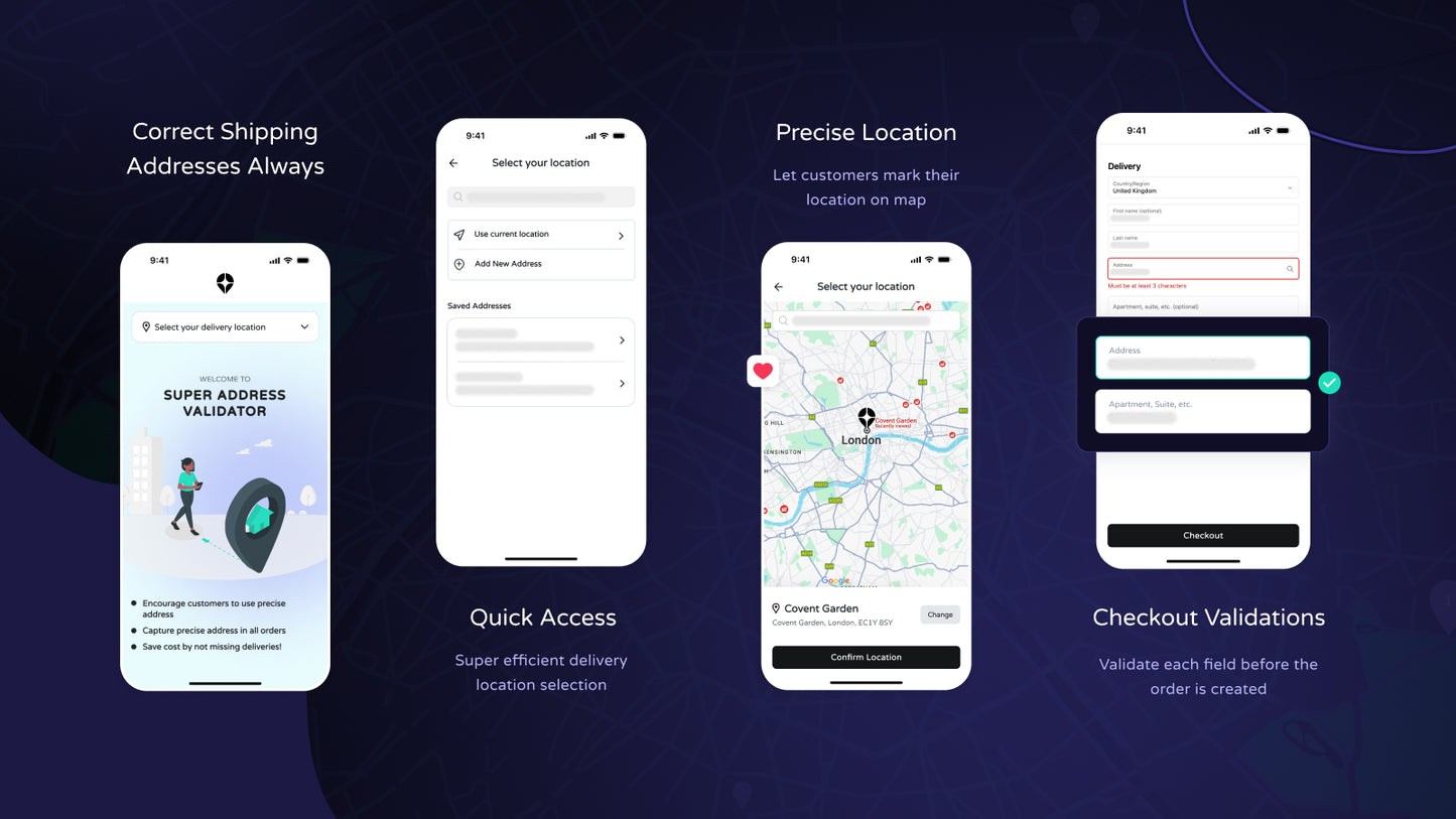 Mobile interface of Super Address Validator with precise location picker and address field validation in Shopify checkout