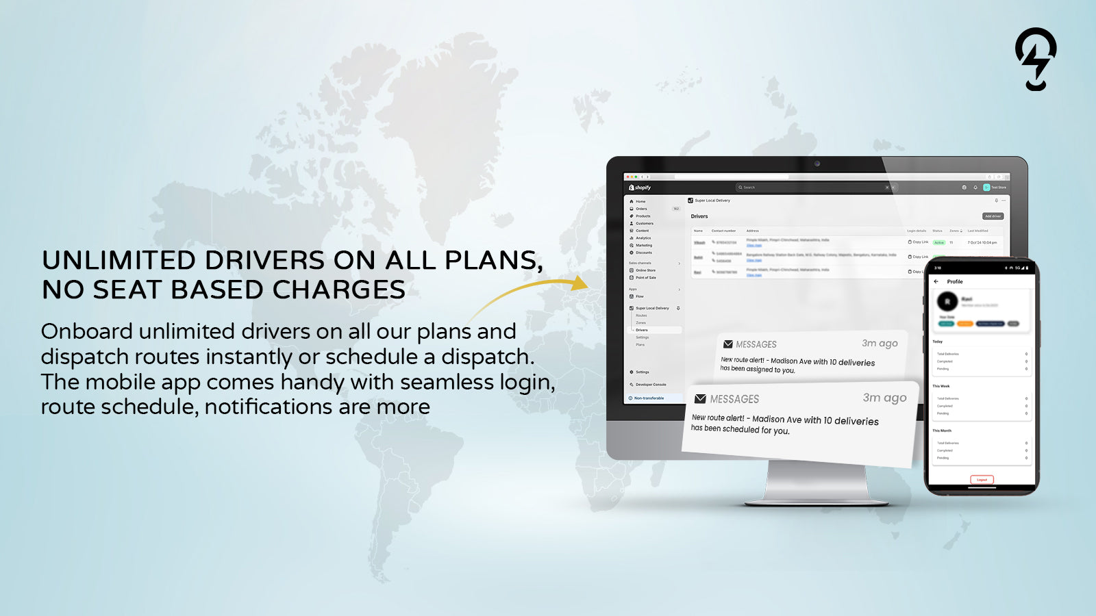 Dashboard and mobile app showing unlimited driver support, route assignments, and notifications without seat-based charges.