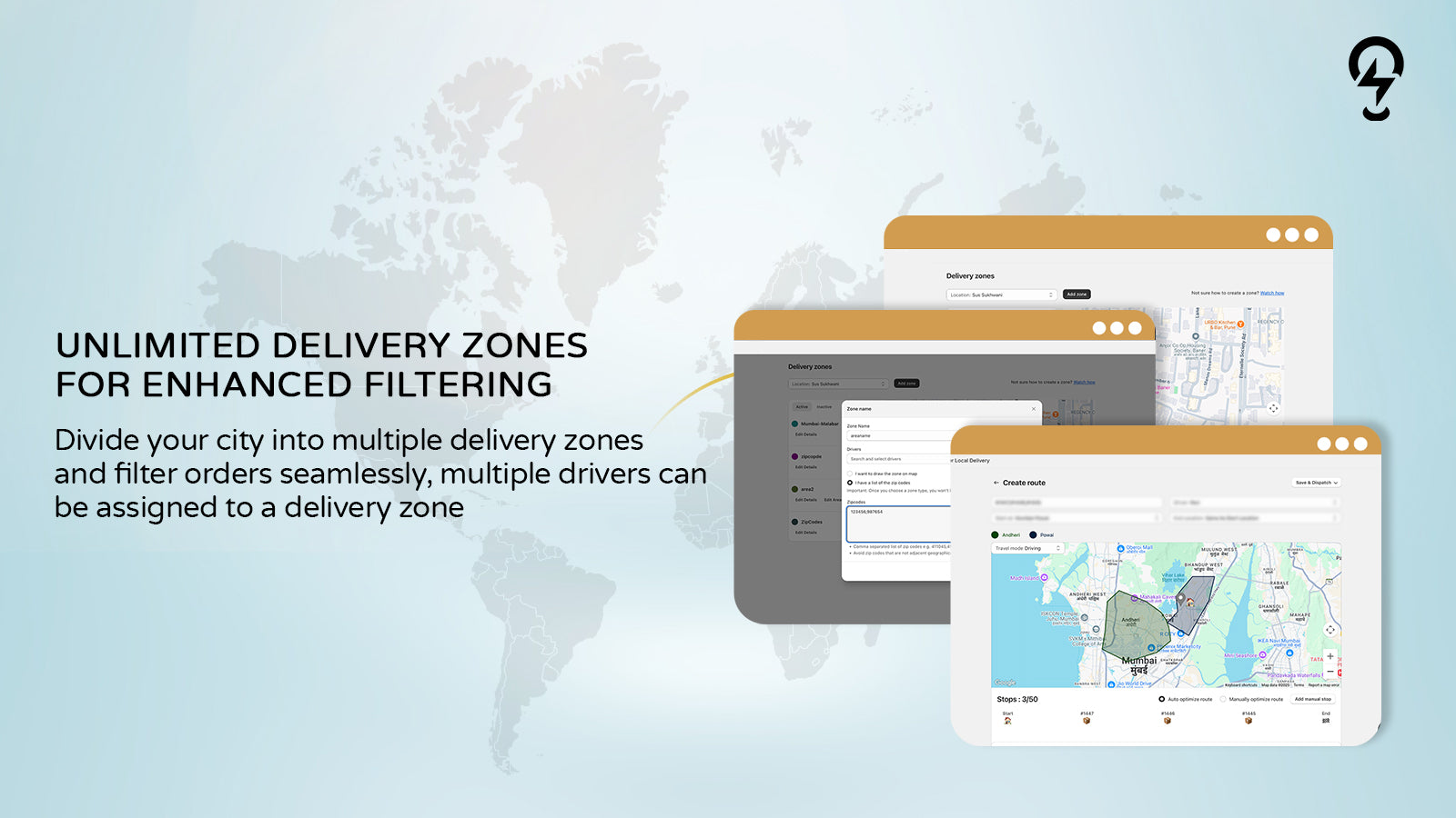 Dashboard showing unlimited delivery zones for filtering orders and assigning multiple drivers within a city.