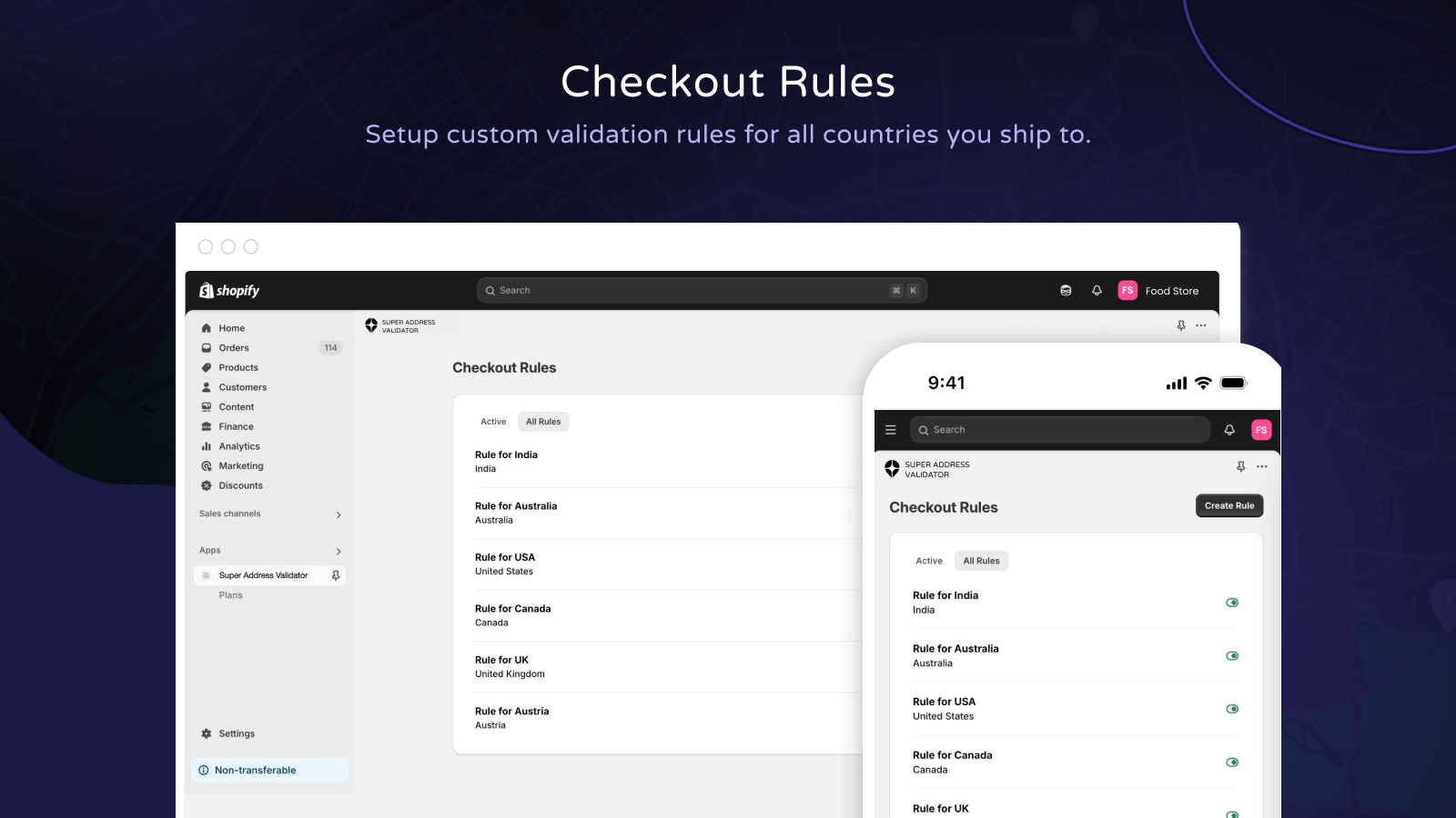 Shopify dashboard showing customizable checkout rules for global address validation using Super Address Validator app.