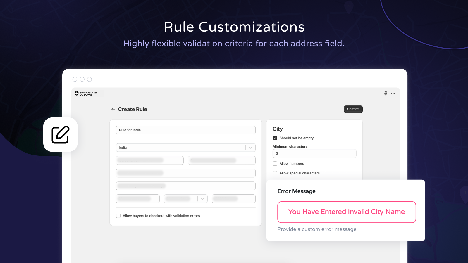 Custom rule creation interface with flexible validation options for each address field in the address form.