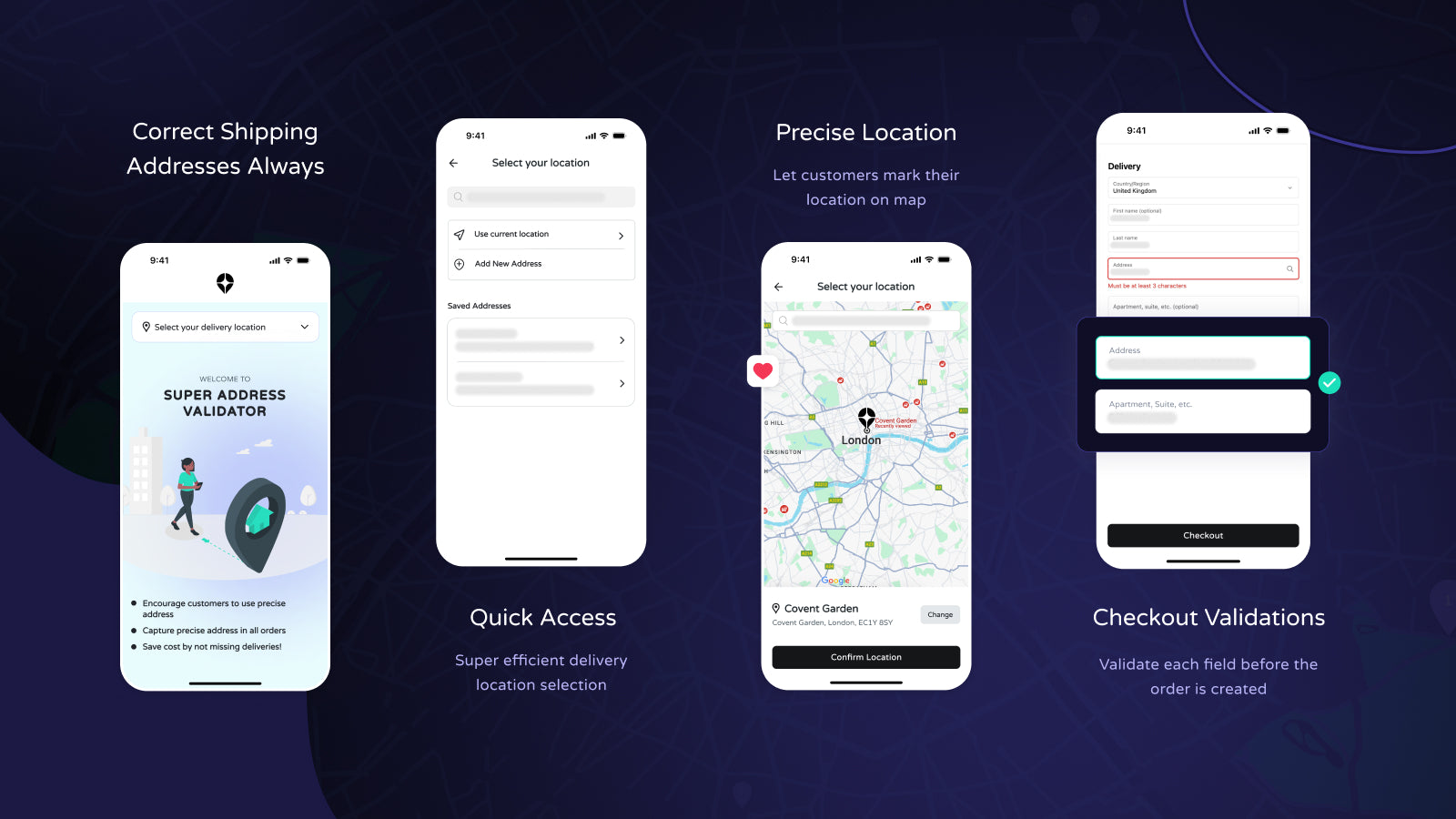 Mobile interface of Super Address Validator with precise location picker and address field validation in Shopify checkout